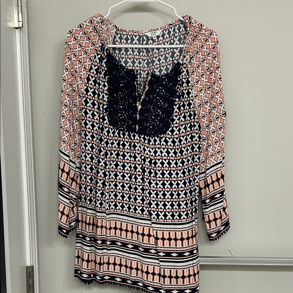 Navy and Peach Geometric Print Tunic with Lace Detail